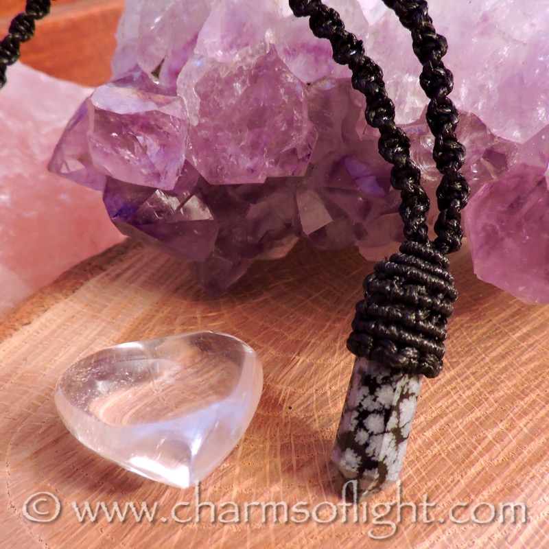 Snowflake Obsidian Point Macrame Necklace